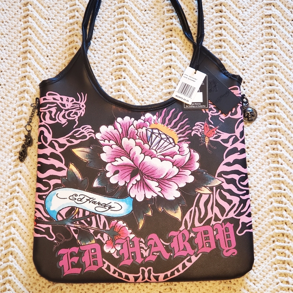 Ed Hardy Y2K Black and Pink Women's Tote Bag Purse Tiger & Diamonds NEW